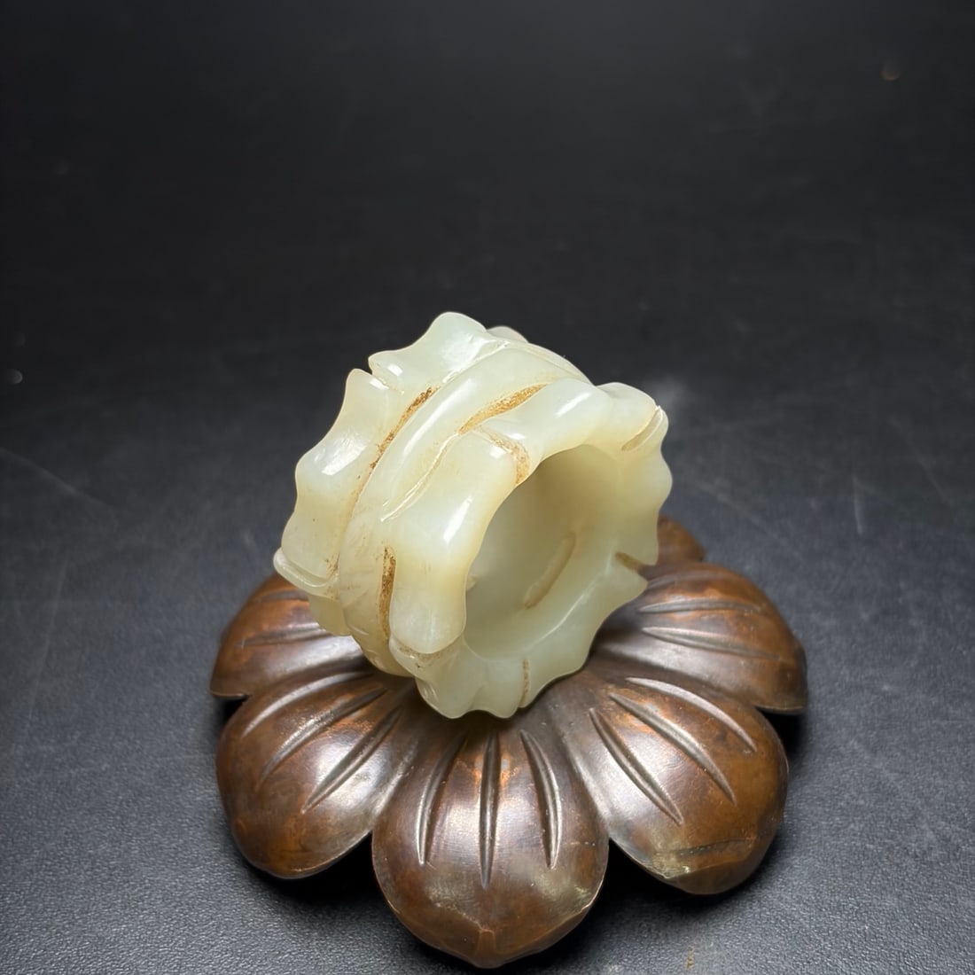 Old Hetian Jade Carved Bamboo Thumb Ring 21.5mm I.D. - 3