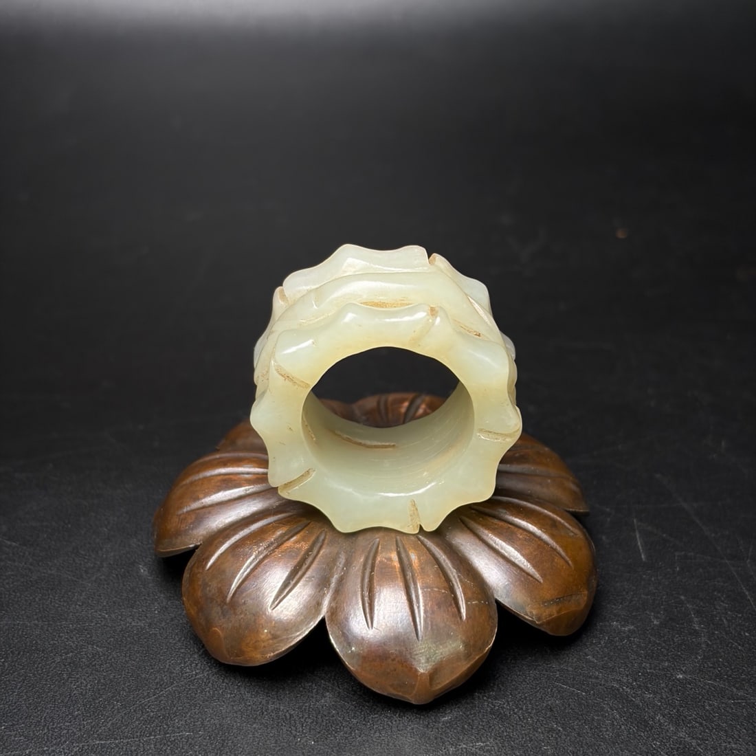 Old Hetian Jade Carved Bamboo Thumb Ring 21.5mm I.D. - 5