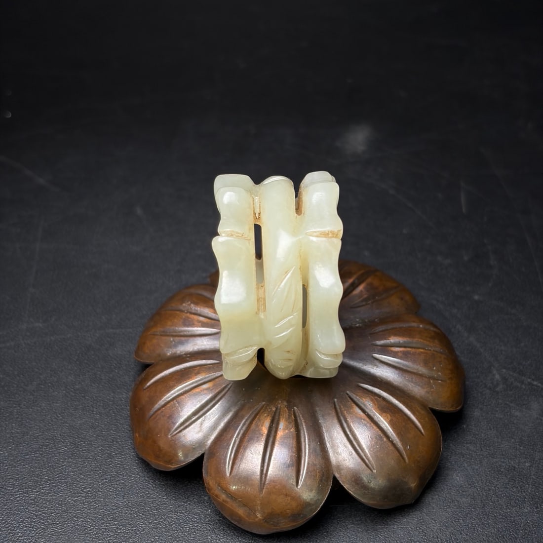 Old Hetian Jade Carved Bamboo Thumb Ring 21.5mm I.D. - 6