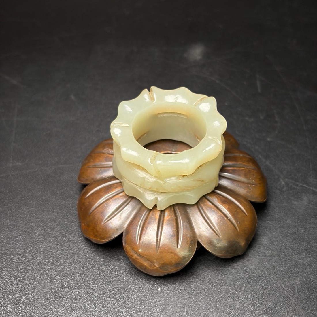 Old Hetian Jade Carved Bamboo Thumb Ring 21.5mm I.D. - 7
