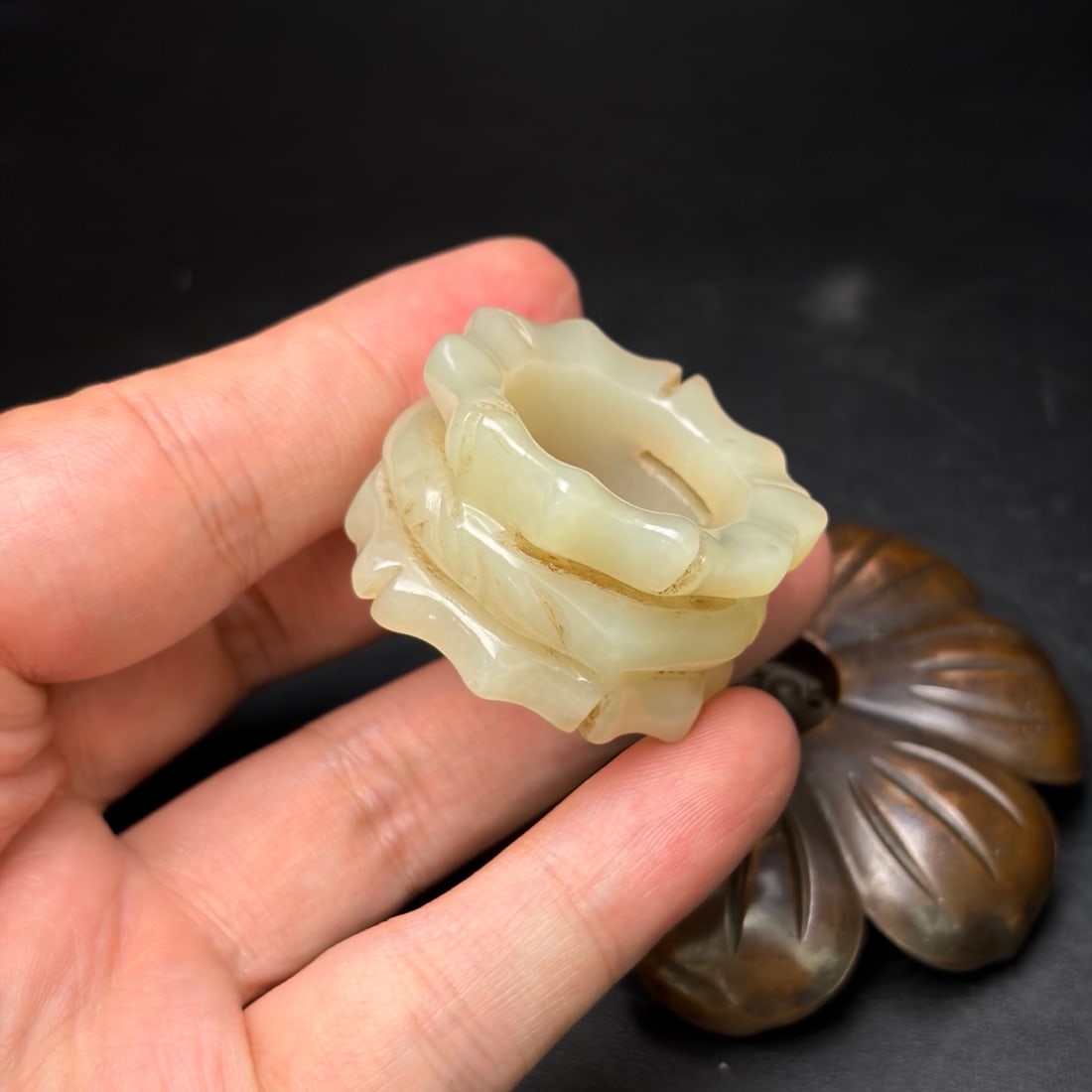 Old Hetian Jade Carved Bamboo Thumb Ring 21.5mm I.D. - 8