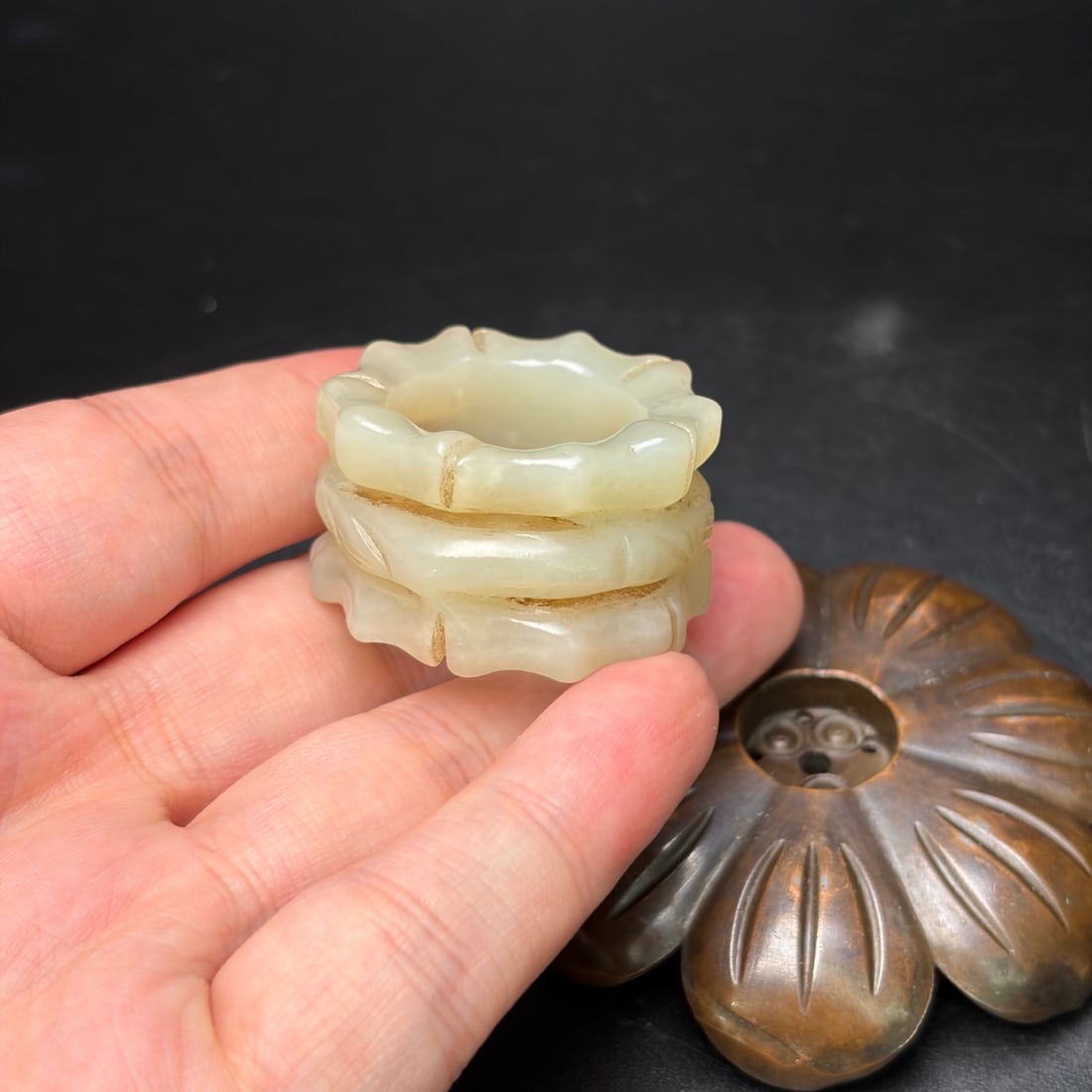 Old Hetian Jade Carved Bamboo Thumb Ring 21.5mm I.D. - 9