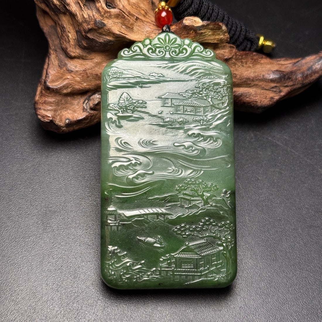 Natural Green Hetian Jade Carved Mountain River Scene Pendant: Title: Old Hetian Jade Dragon Pendant Date/Period: After2149 Origin: Chinese Dimension: 59x80x25(mm) 2.32x3.15x0.98(inches) Weight 0.35 lbs/157g Materials: Hetian Jade Reserve: $588.00 Shipping: Domes