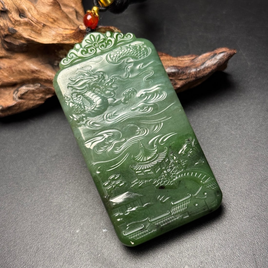 Natural Green Hetian Jade Carved Mountain River Scene Pendant - 2