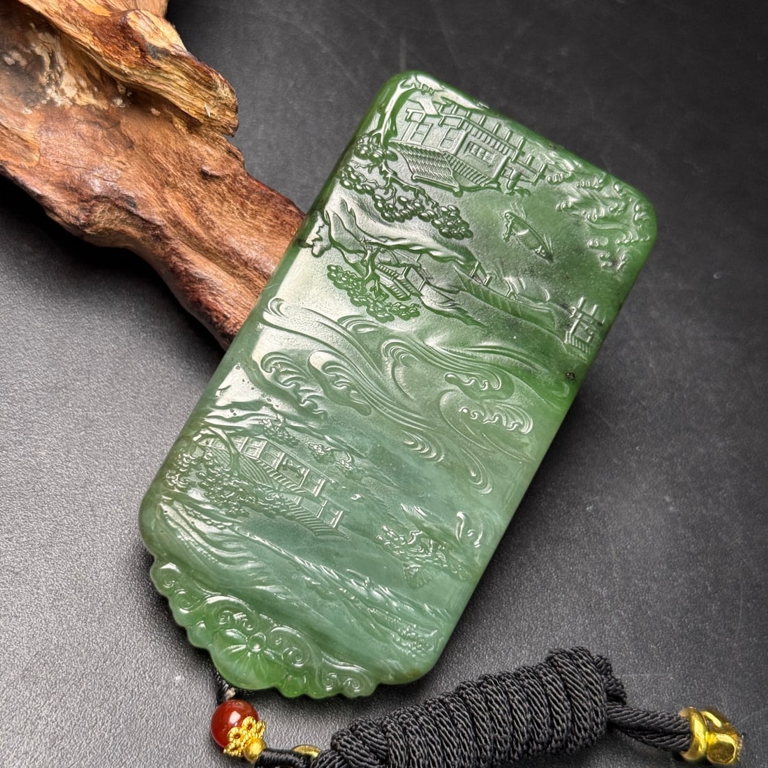 Natural Green Hetian Jade Carved Mountain River Scene Pendant - 3