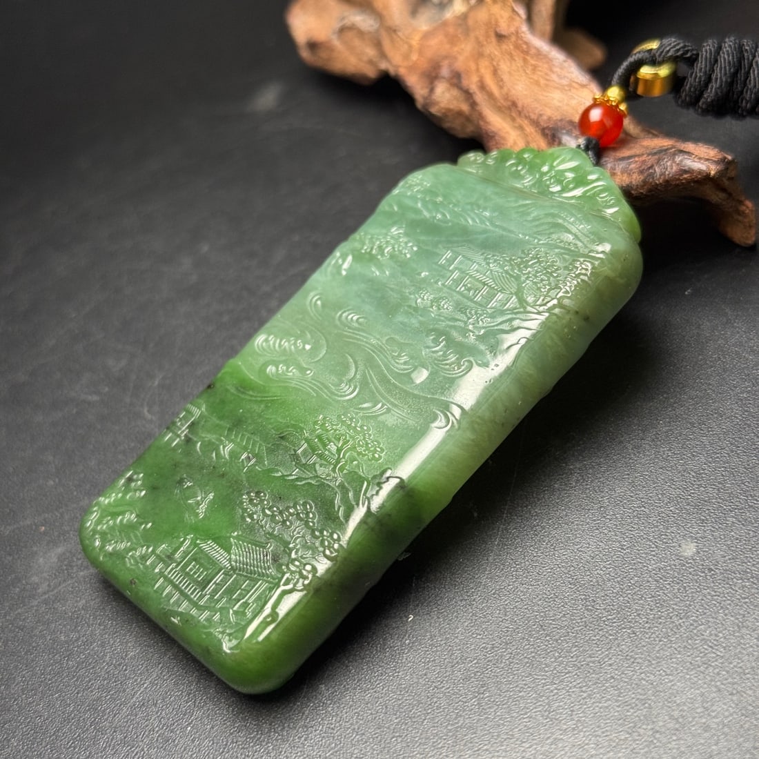 Natural Green Hetian Jade Carved Mountain River Scene Pendant - 4