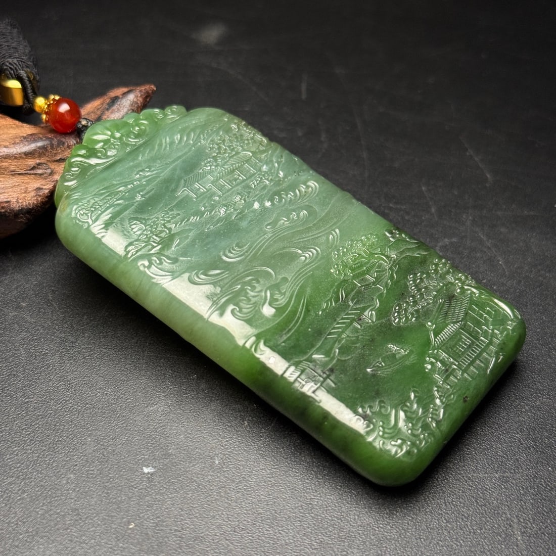 Natural Green Hetian Jade Carved Mountain River Scene Pendant - 5