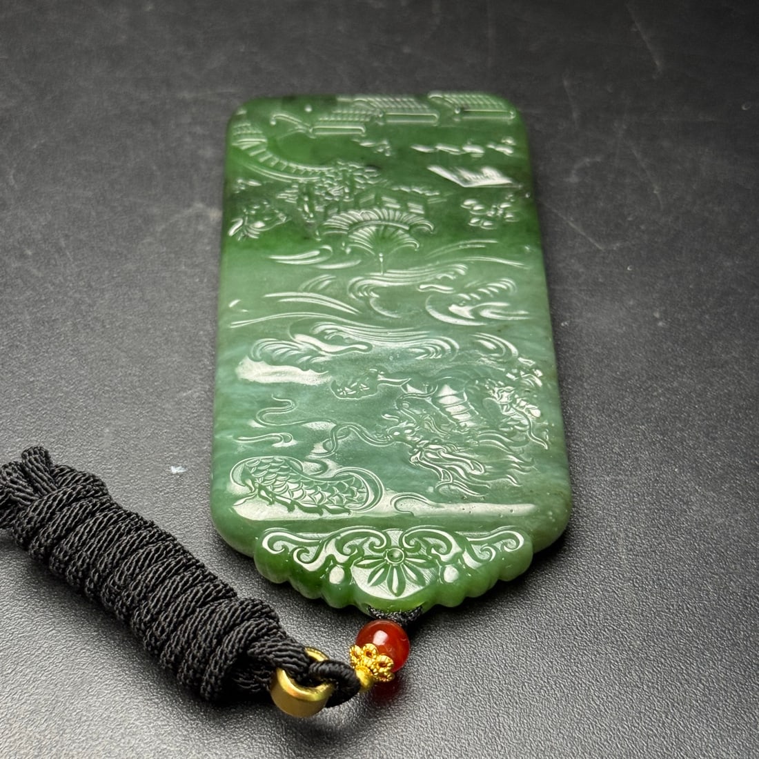 Natural Green Hetian Jade Carved Mountain River Scene Pendant - 6