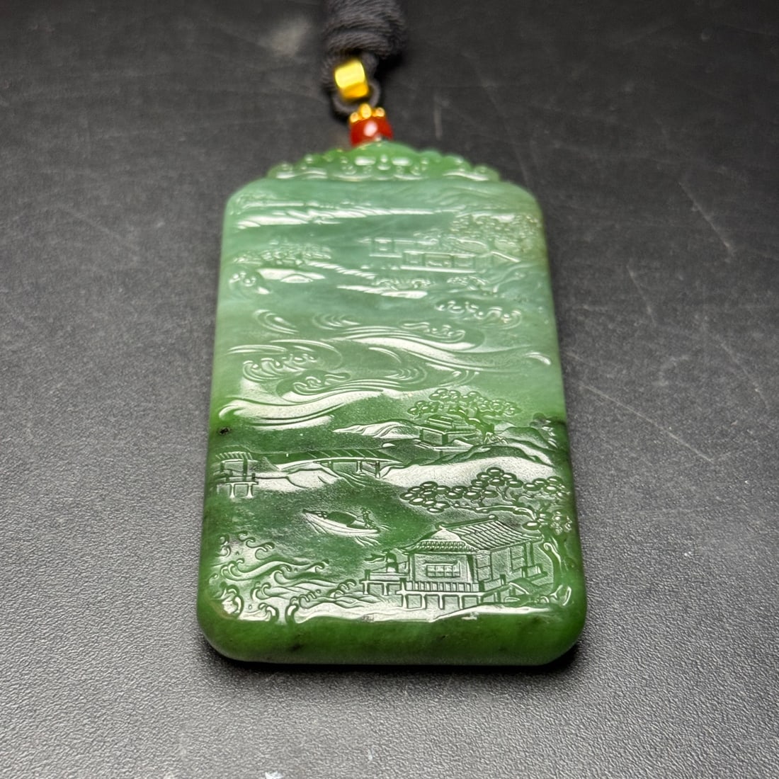 Natural Green Hetian Jade Carved Mountain River Scene Pendant - 7