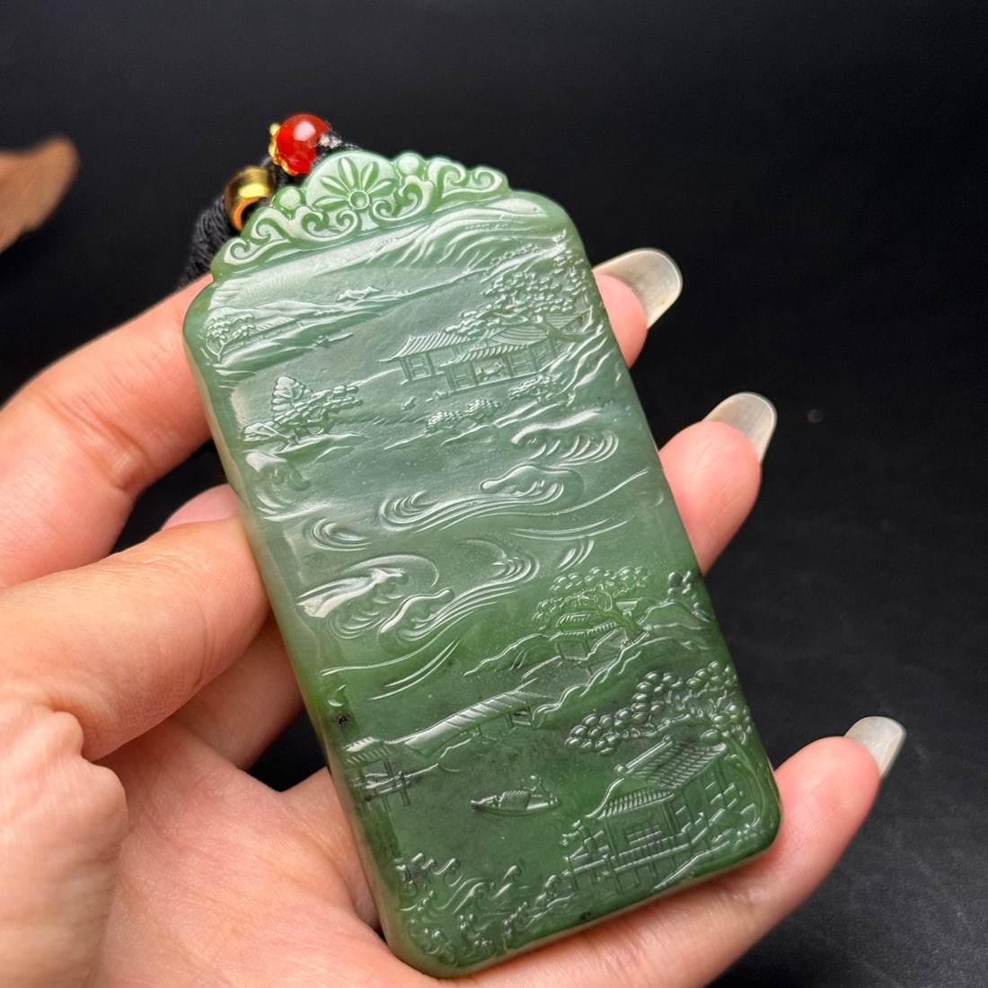Natural Green Hetian Jade Carved Mountain River Scene Pendant - 8