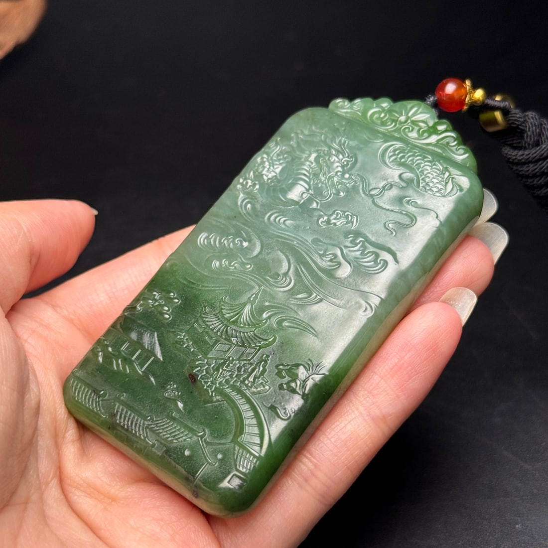 Natural Green Hetian Jade Carved Mountain River Scene Pendant - 9
