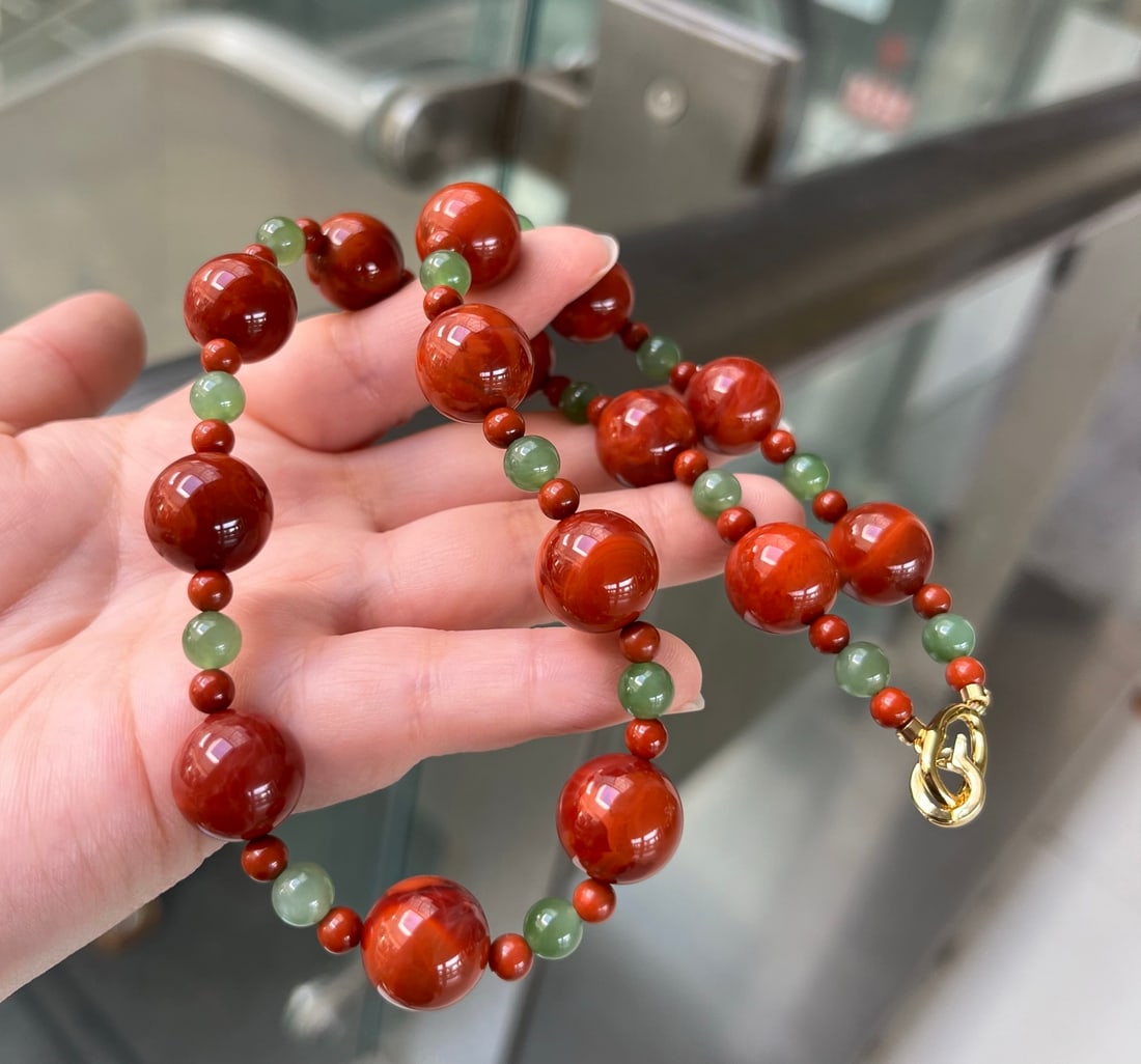 Natural Nanhong Agate & Green Hetian Jade Necklace with Certificate - 2