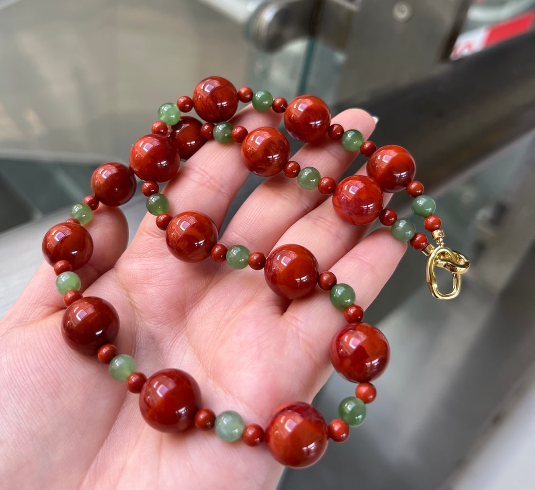 Natural Nanhong Agate & Green Hetian Jade Necklace with Certificate - 3