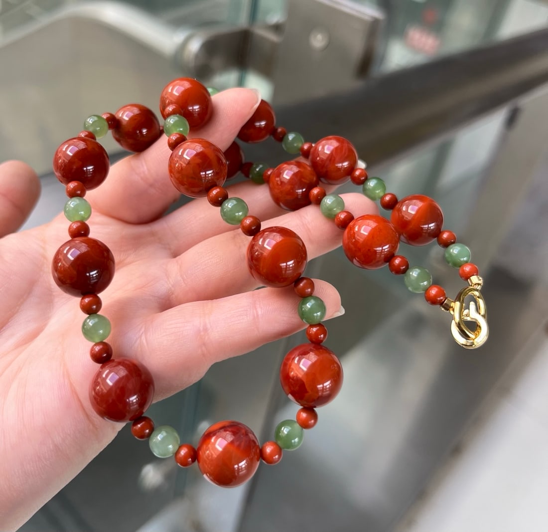 Natural Nanhong Agate & Green Hetian Jade Necklace with Certificate - 4