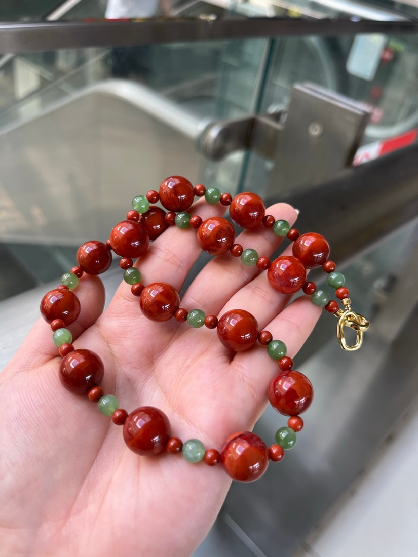 Natural Nanhong Agate & Green Hetian Jade Necklace with Certificate - 5