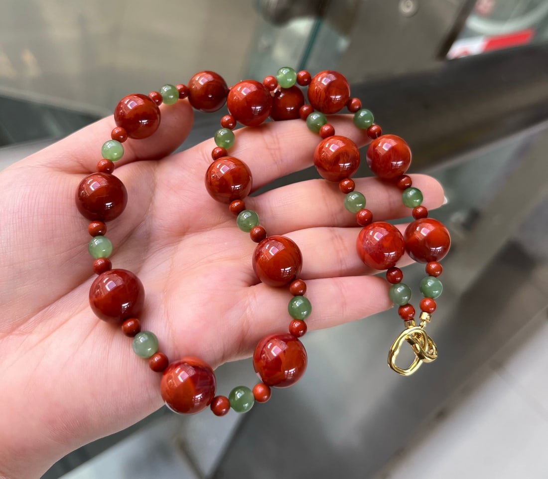Natural Nanhong Agate & Green Hetian Jade Necklace with Certificate - 6