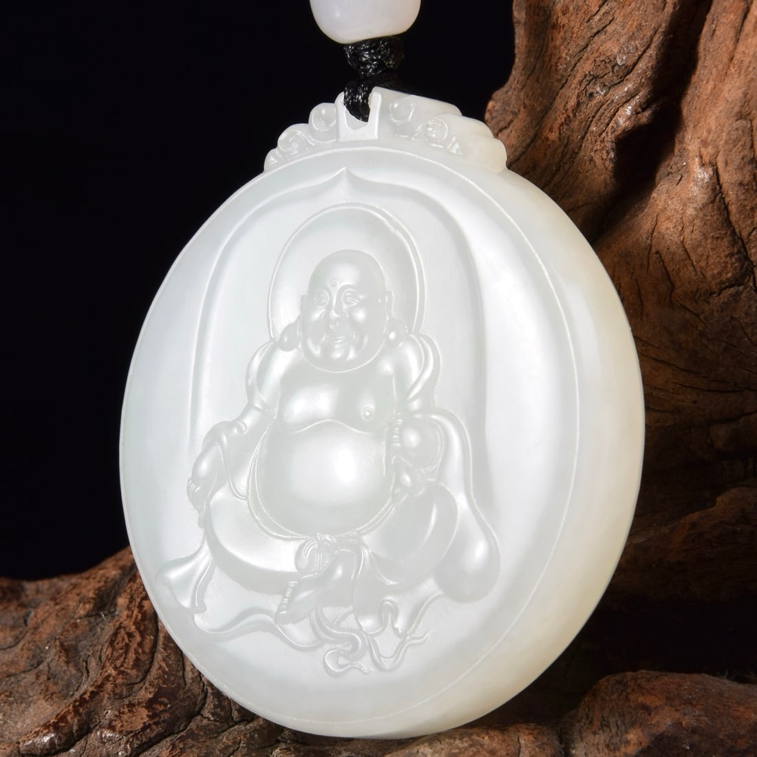 Chinese White Hetian Jade Carved Laughing Buddha Pendant with Certificate - 2