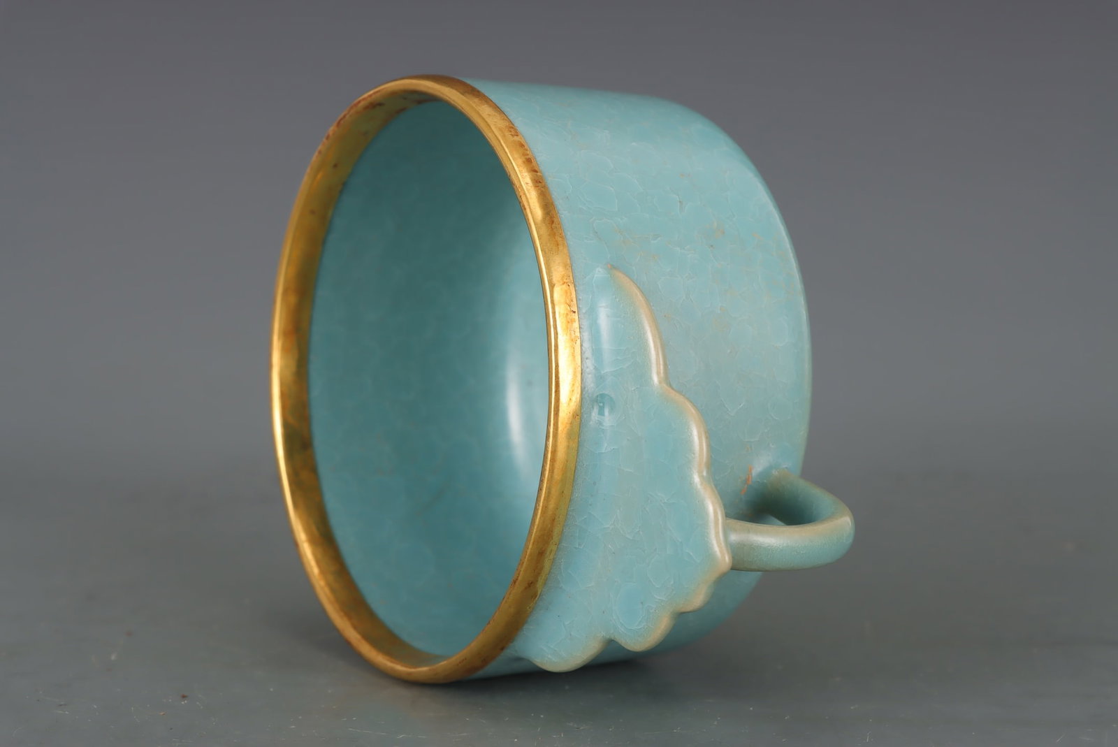 Old Inlay Gold Edge Ru Kiln Sky Blue Glaze Porcelain Cup - 5