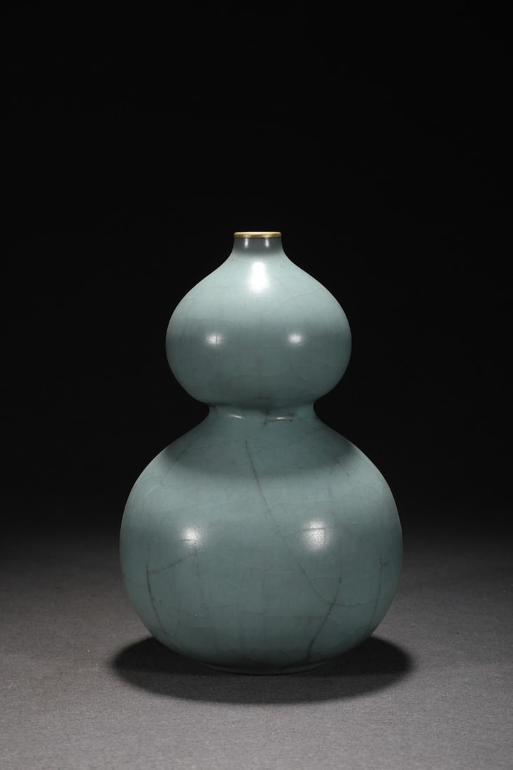 Old Inlay Silver Edge Guan Kiln Gourd Porcelain Vase w Box - 2