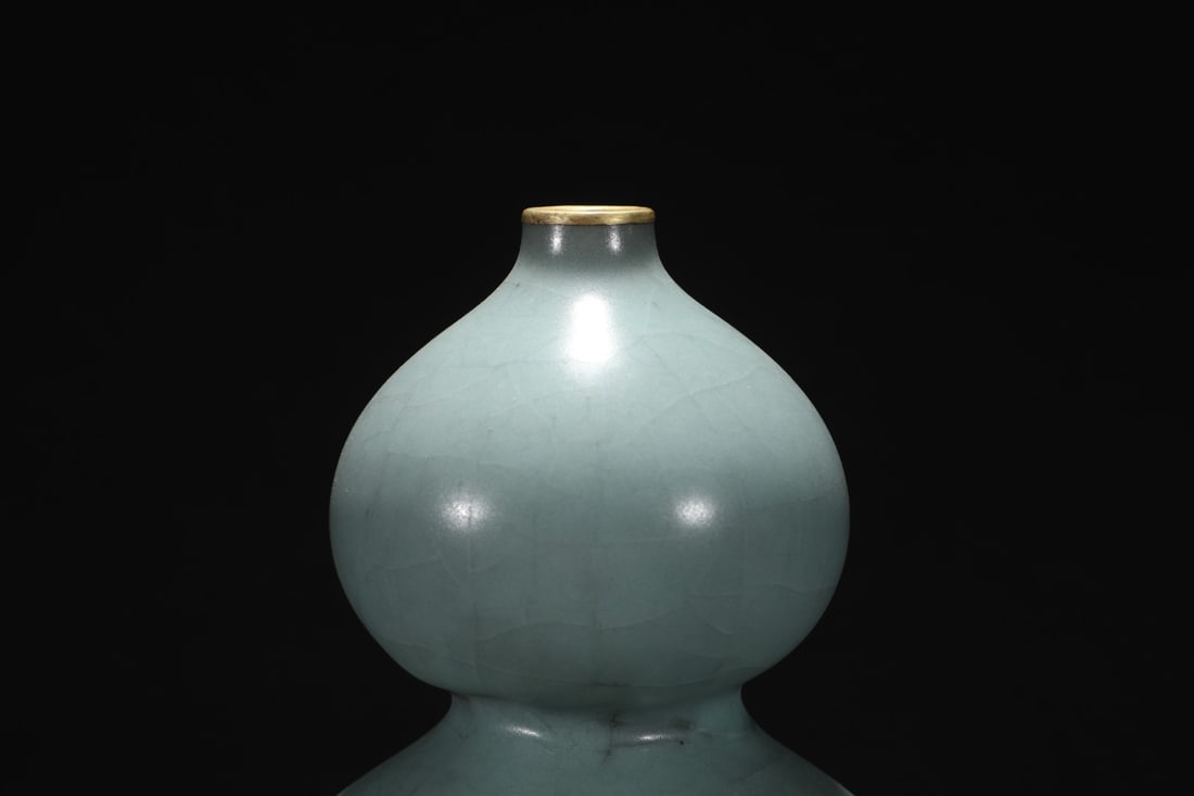 Old Inlay Silver Edge Guan Kiln Gourd Porcelain Vase w Box - 3