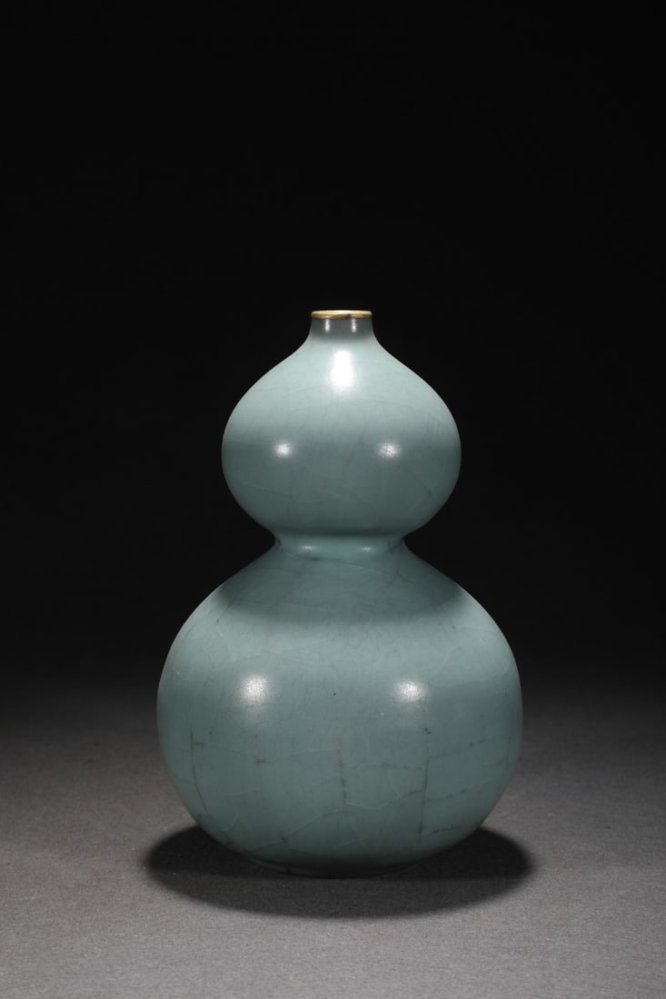 Old Inlay Silver Edge Guan Kiln Gourd Porcelain Vase w Box - 6