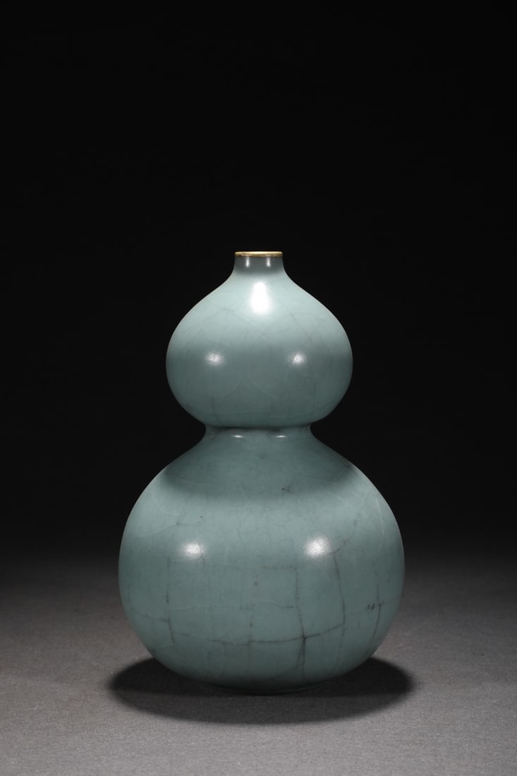 Old Inlay Silver Edge Guan Kiln Gourd Porcelain Vase w Box - 7