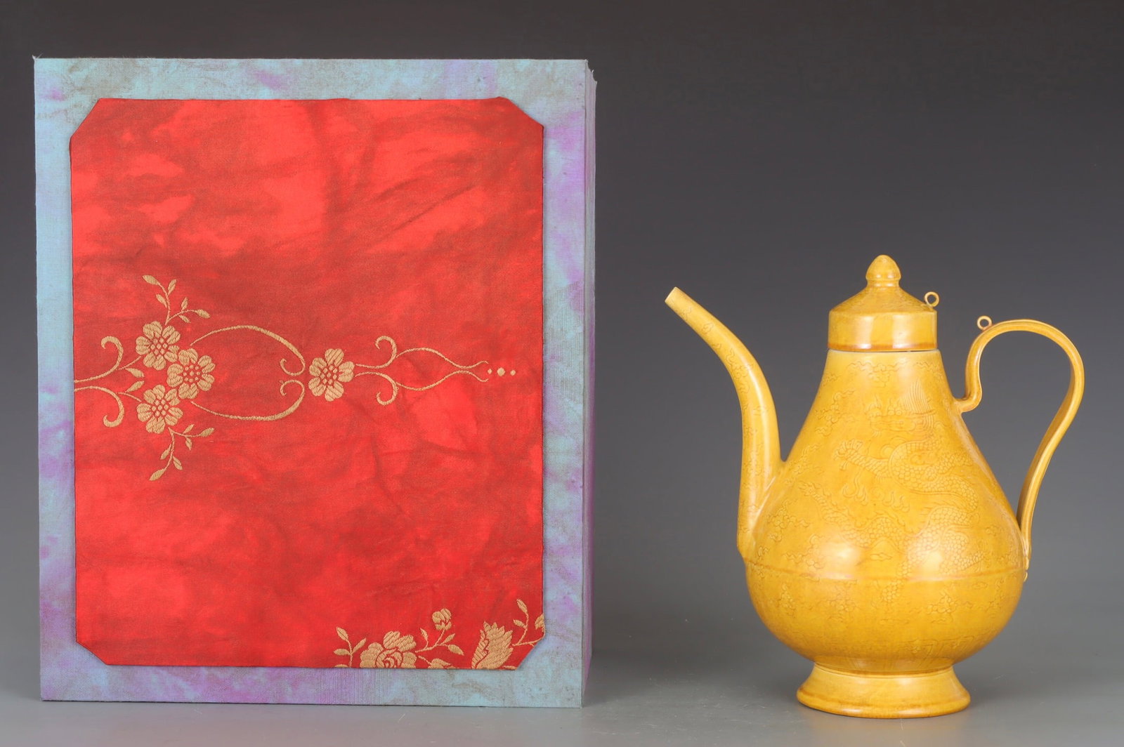 Old Yellow Glaze Dragon Porcelain Wine Pot w Box - 2