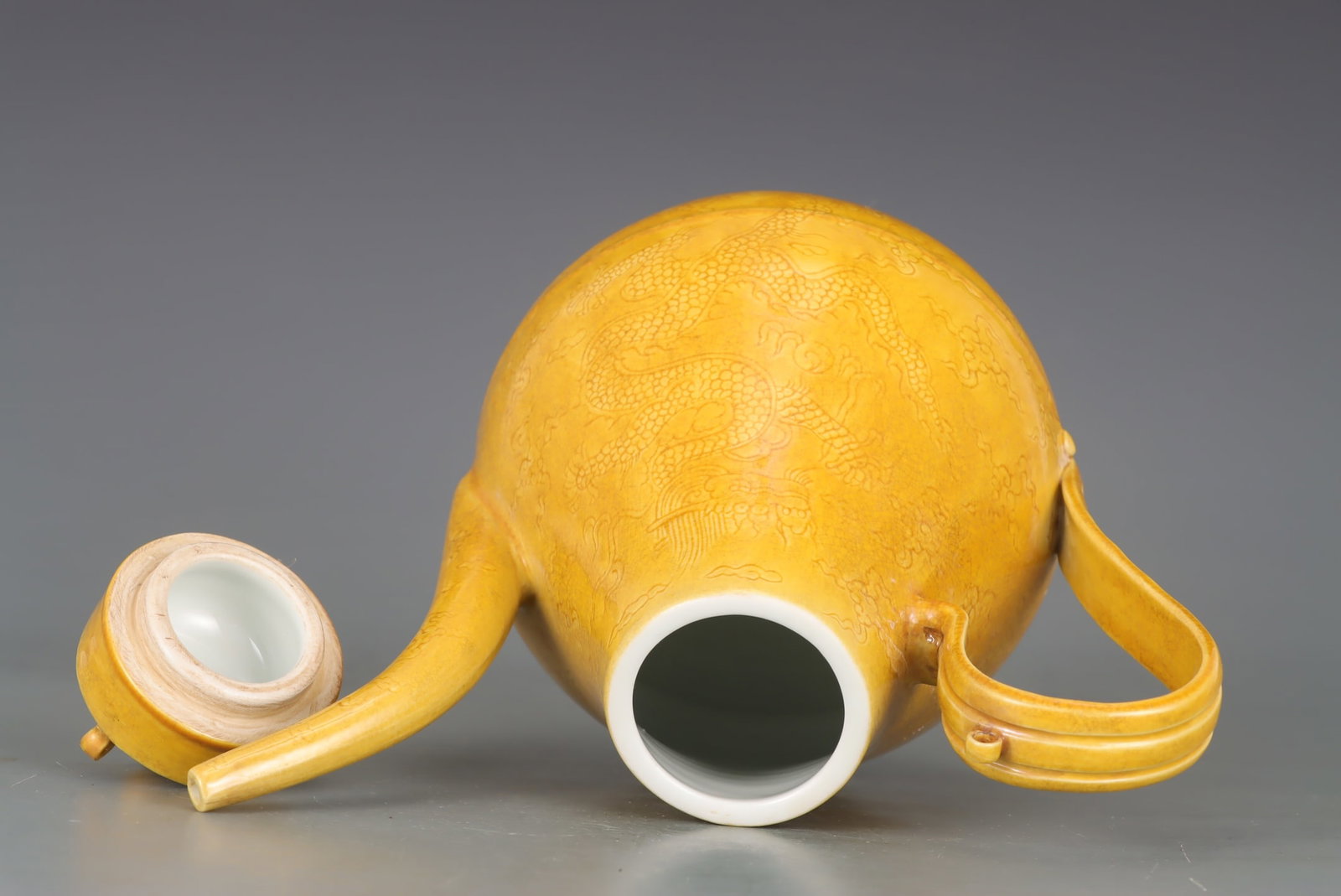 Old Yellow Glaze Dragon Porcelain Wine Pot w Box - 8