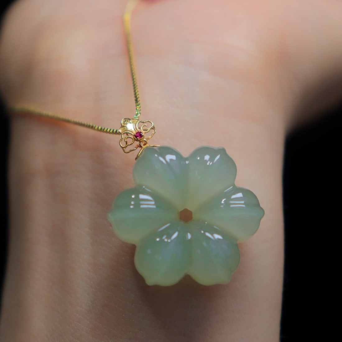Natural Hetian Jade Carved Flower Pendant - 4
