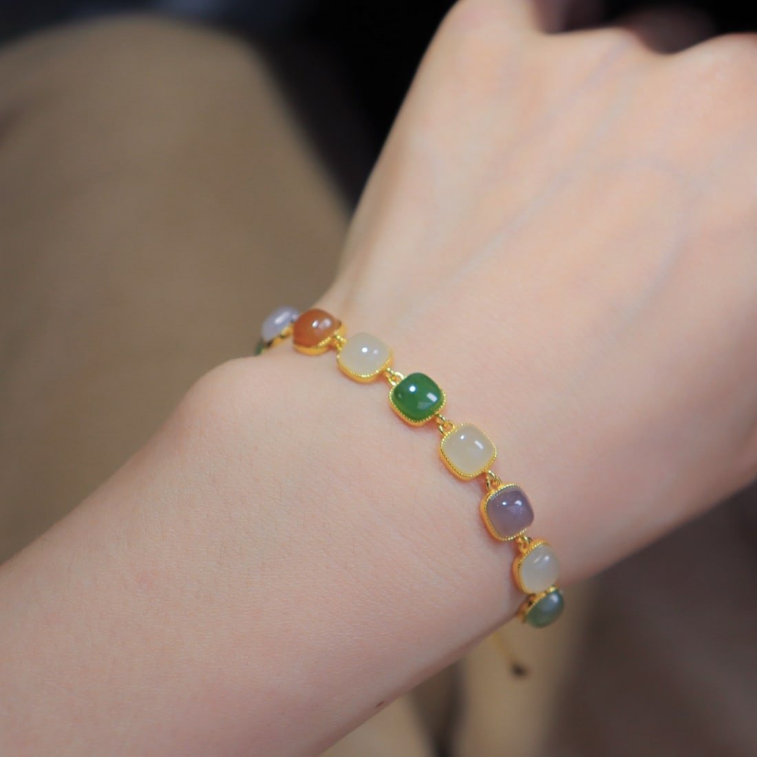 Silver Inlay Multicolor Hetian Jade Hand Chain - 5