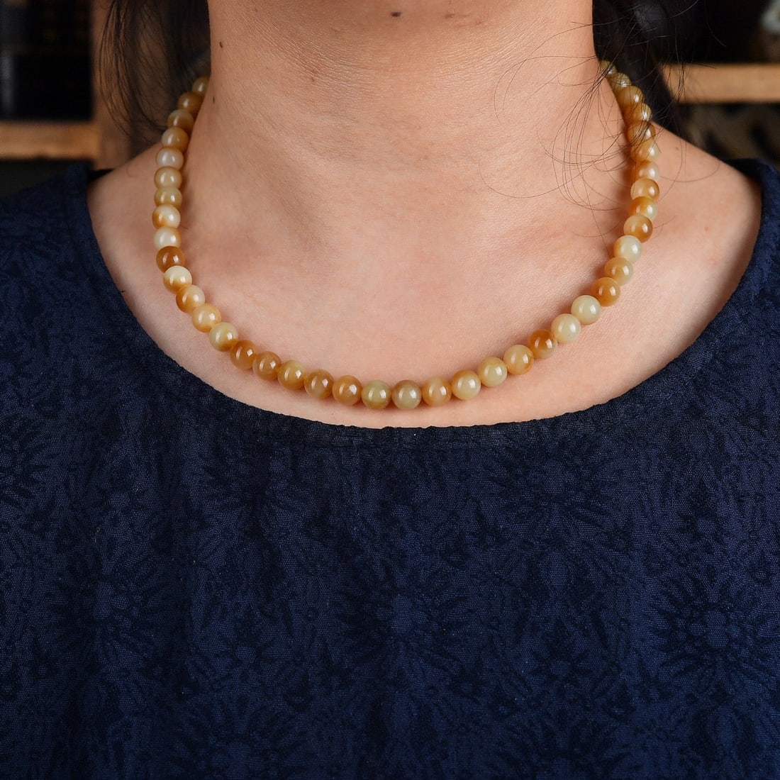 8mm Natural Hetian Jade Beads Necklace with Certificate - 6