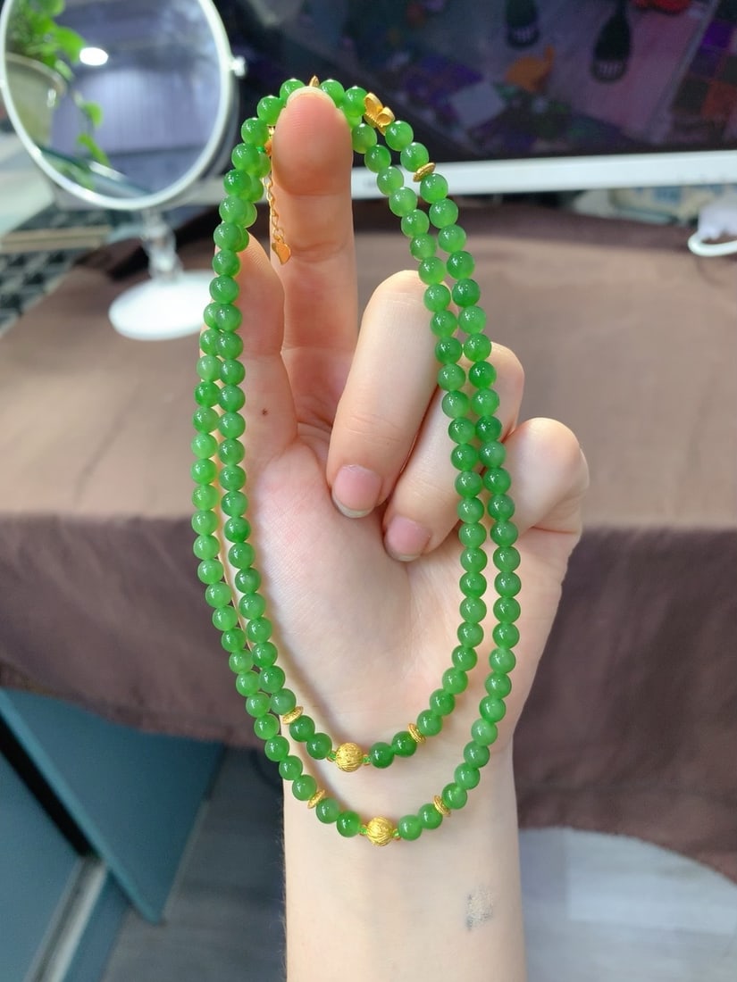 5mm Green Hetian Jade Beads Necklace - 5