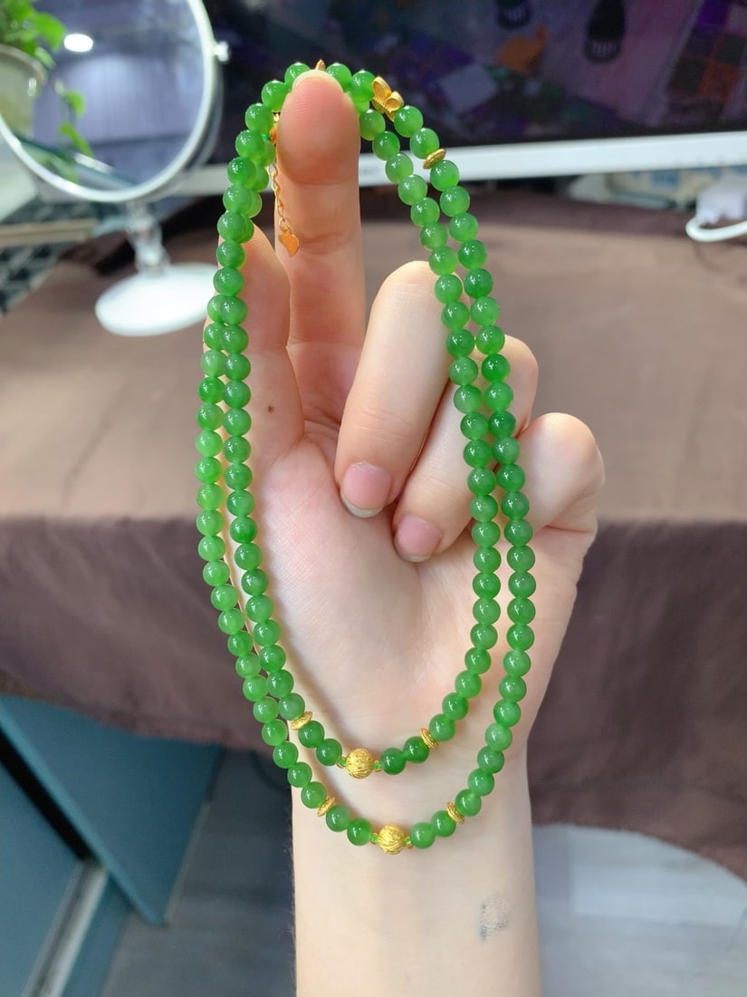 5mm Green Hetian Jade Beads Necklace - 6