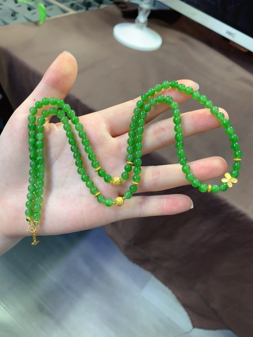 5mm Green Hetian Jade Beads Necklace - 7
