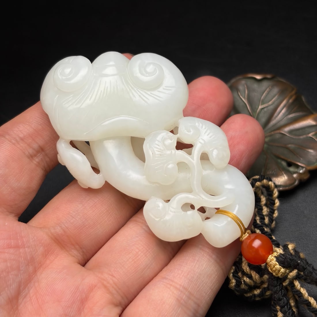 Natural White Hetian Jade Hand Carved Ruyi Pendant - 8