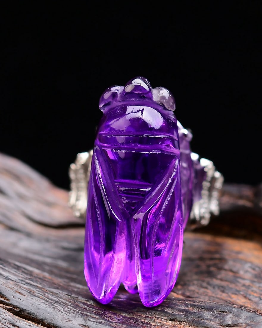 S925 Silver Inlay Amethyst Cicada Ring Adjustable size - 2