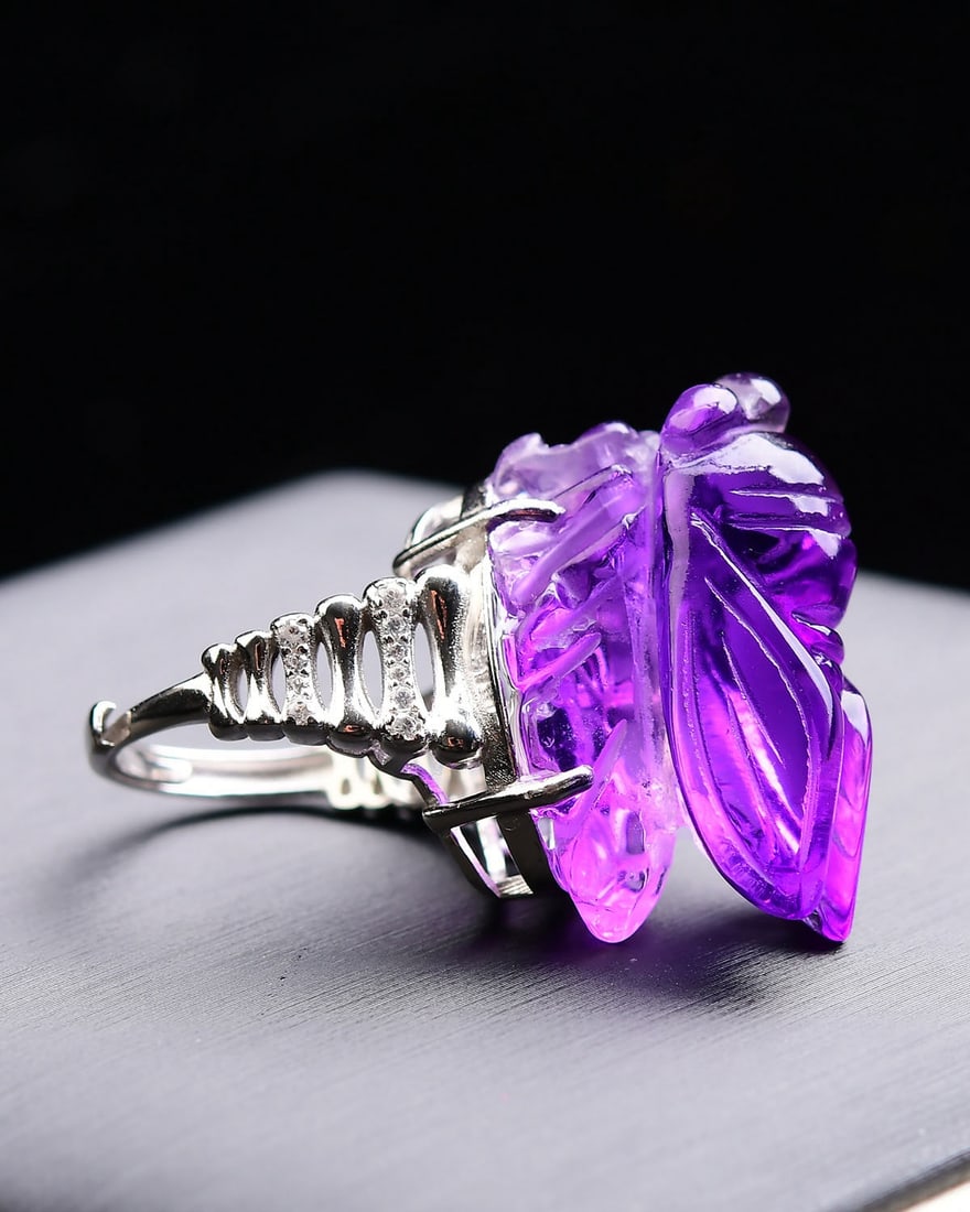 S925 Silver Inlay Amethyst Cicada Ring Adjustable size - 3