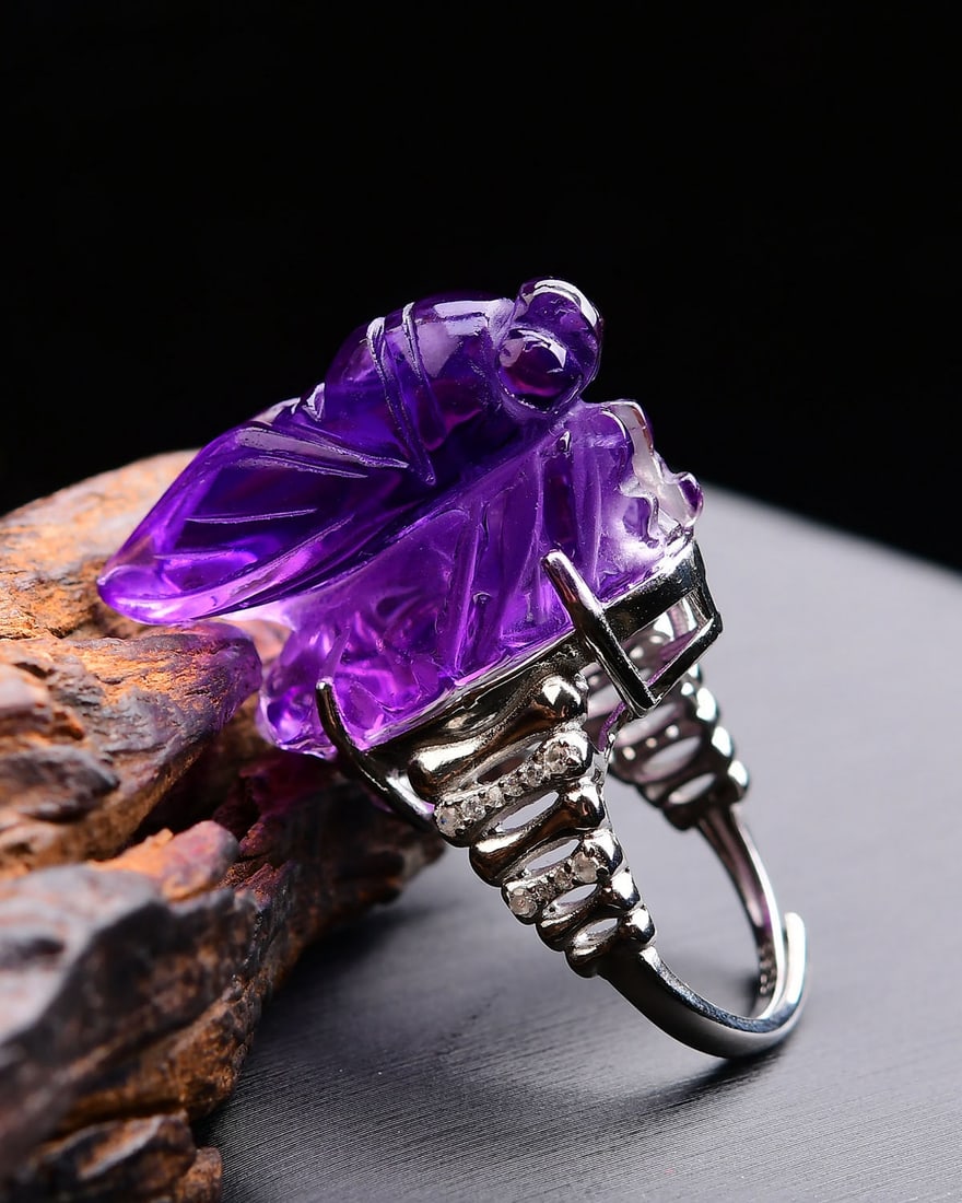 S925 Silver Inlay Amethyst Cicada Ring Adjustable size - 4