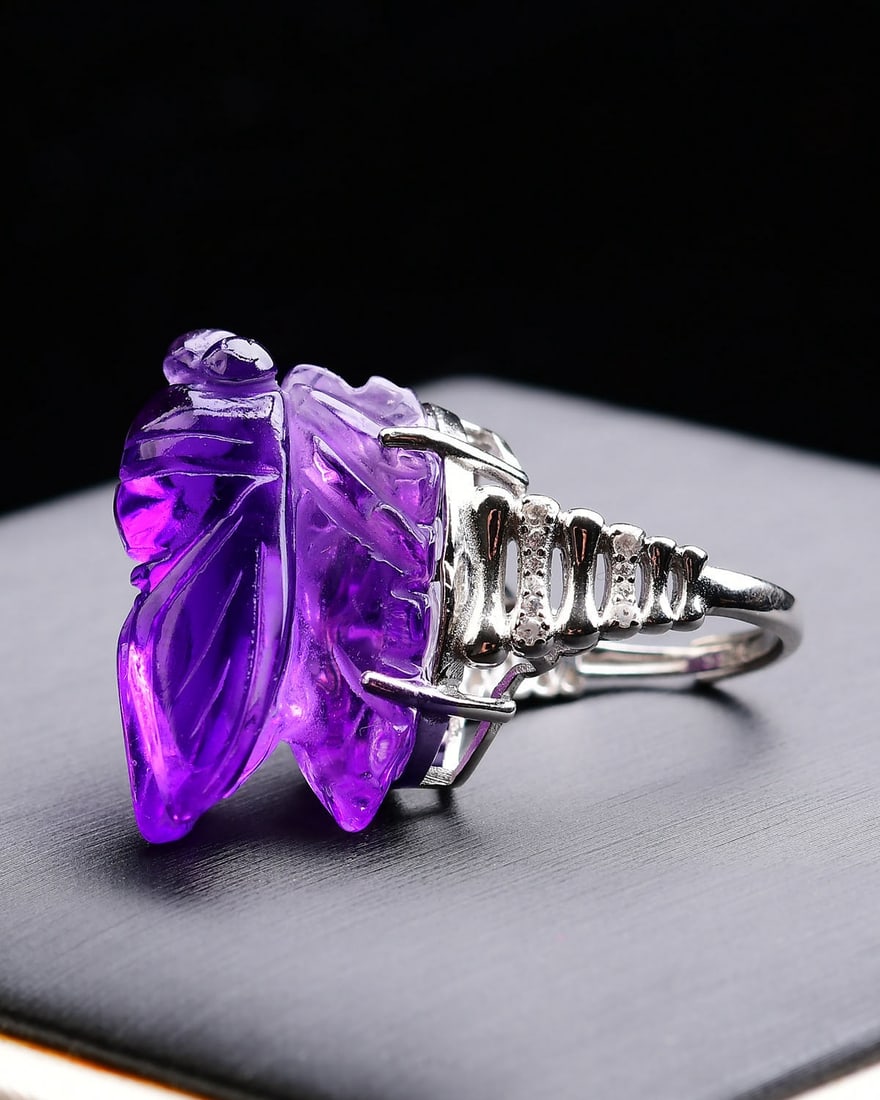 S925 Silver Inlay Amethyst Cicada Ring Adjustable size - 5