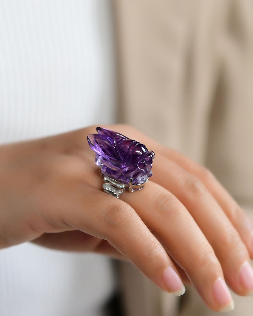 S925 Silver Inlay Amethyst Cicada Ring Adjustable size - 6