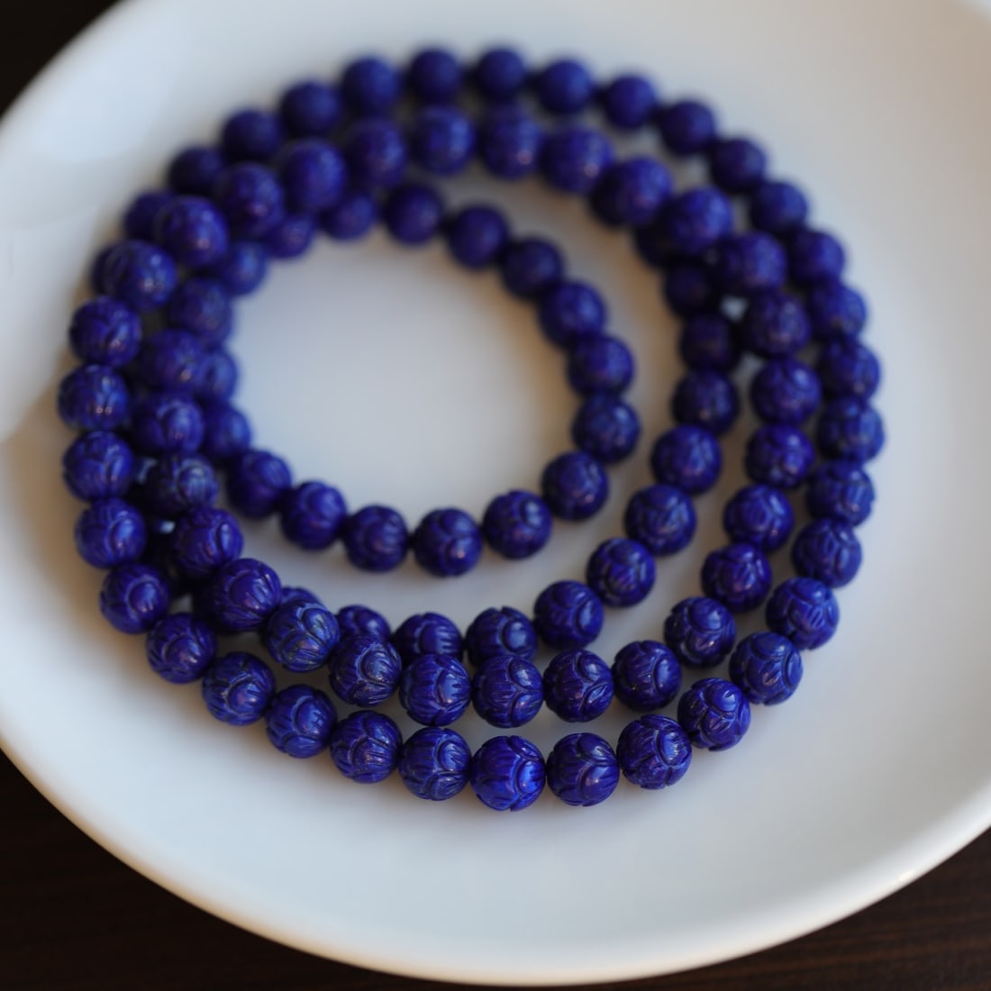 108 Beads Natural Lapis Lazuli Carved Lotus Beads Hand Chain Necklace - 3