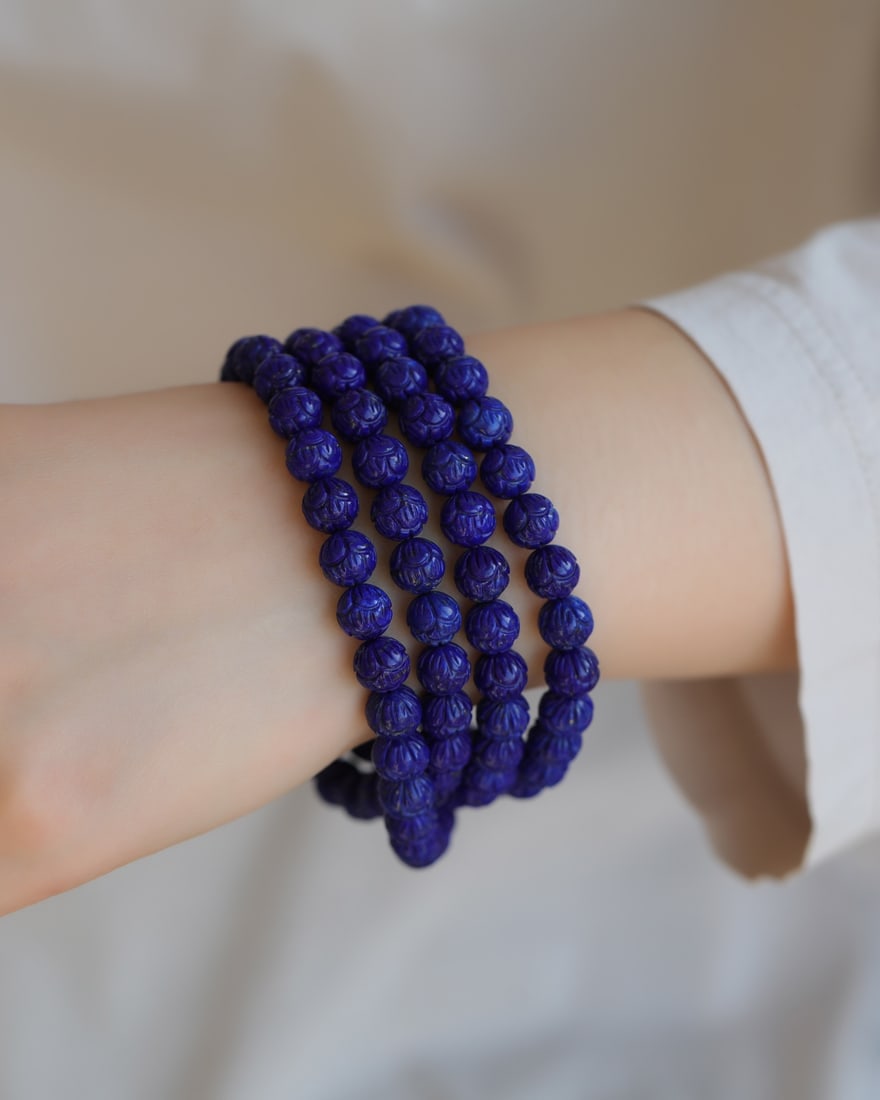 108 Beads Natural Lapis Lazuli Carved Lotus Beads Hand Chain Necklace - 4