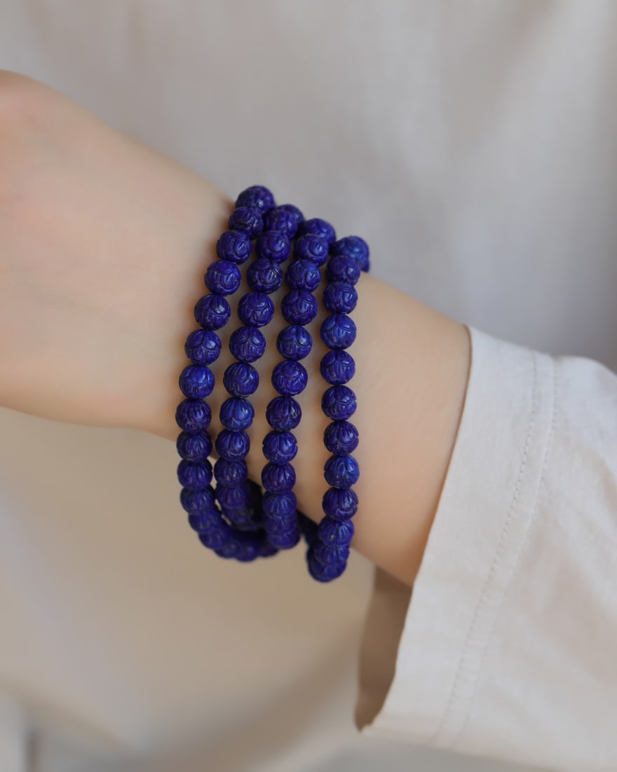 108 Beads Natural Lapis Lazuli Carved Lotus Beads Hand Chain Necklace - 5