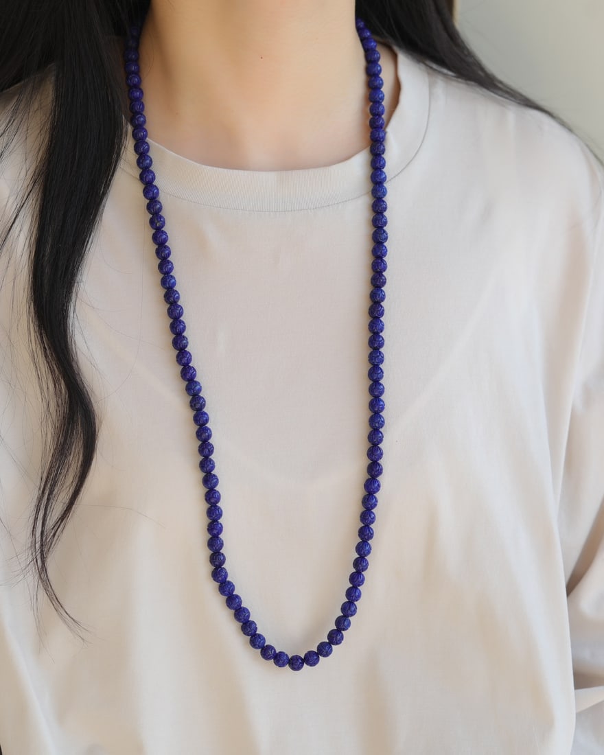 108 Beads Natural Lapis Lazuli Carved Lotus Beads Hand Chain Necklace - 6