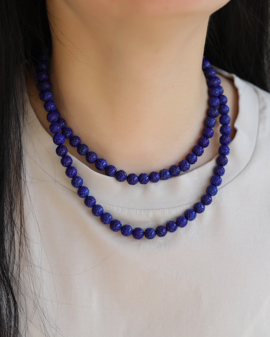 108 Beads Natural Lapis Lazuli Carved Lotus Beads Hand Chain Necklace - 7