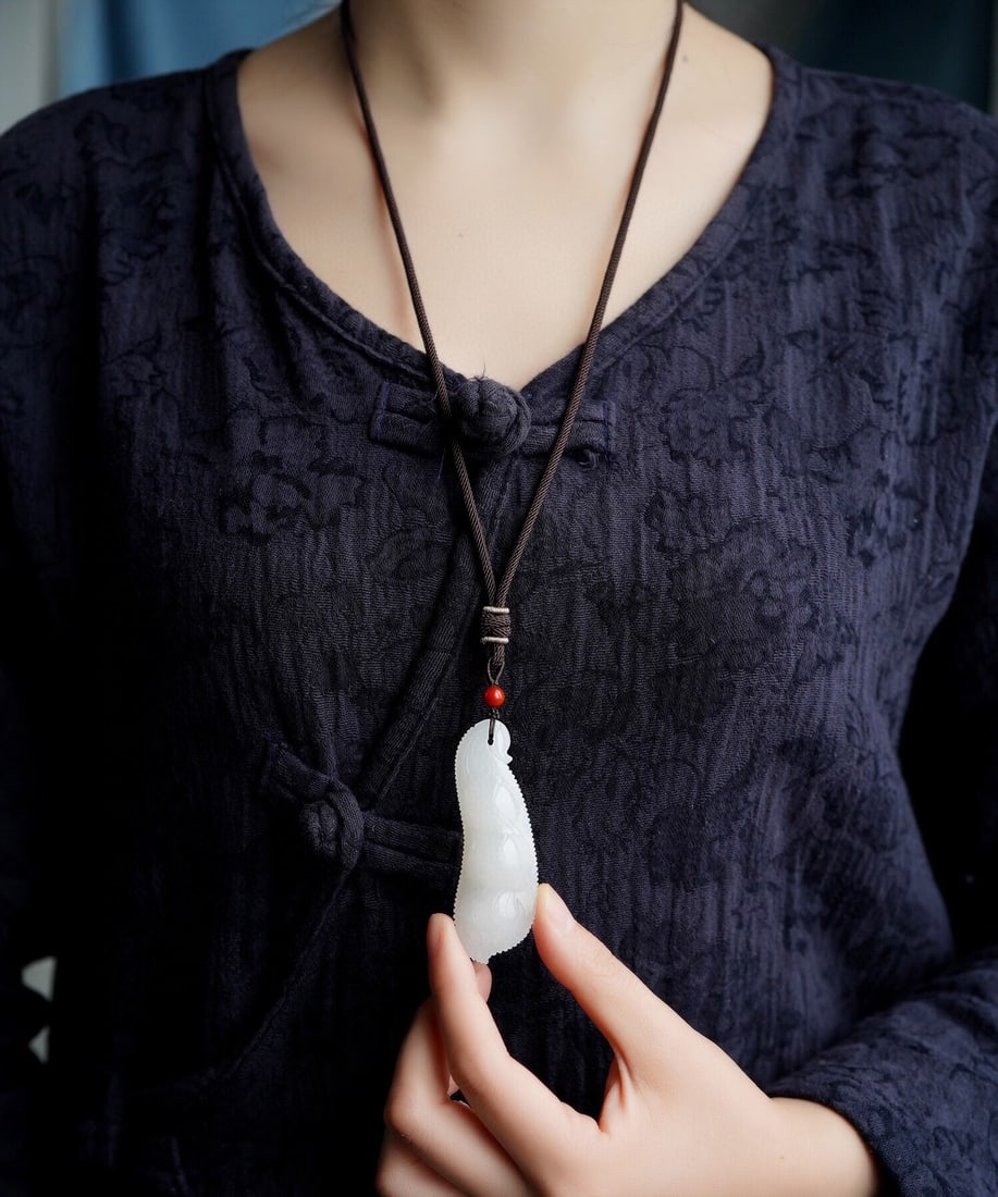 Natural Hetian Jade Bean Pendant with Certificate - 5