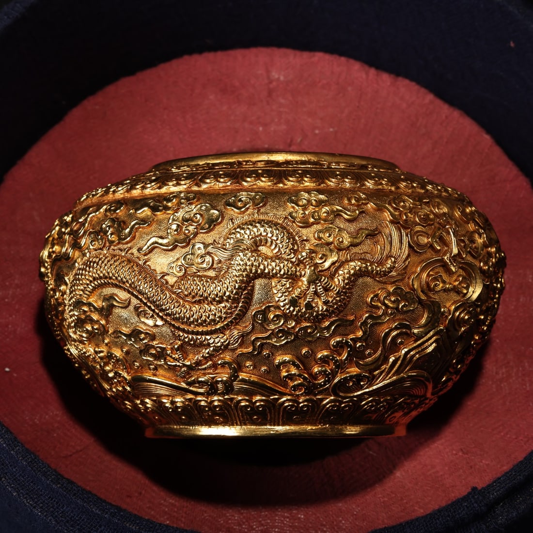 Old Gilt Gold Bronze Dragon Pot w Box - 6