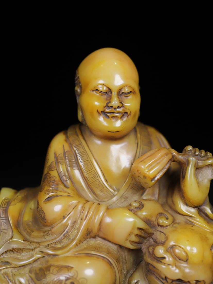Vintage Shoushan Stone Hand-Carved Arhat Statue w Box - 5
