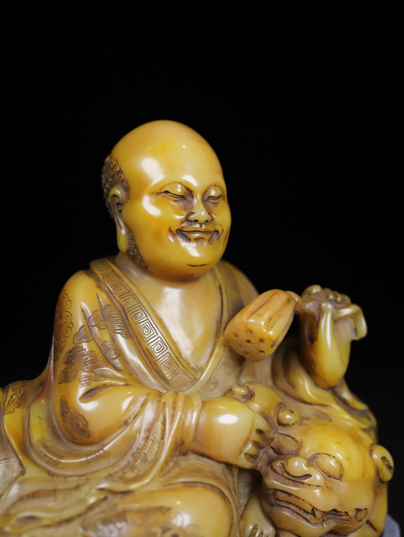 Vintage Shoushan Stone Hand-Carved Arhat Statue w Box - 7