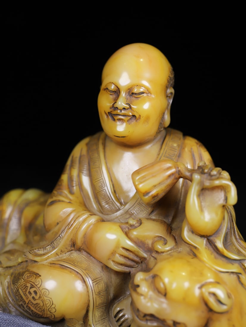 Vintage Shoushan Stone Hand-Carved Arhat Statue w Box - 8